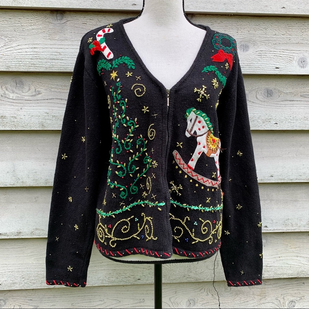 Vintage Black Beaded Felt Appliqué Crochet V-Neck Zip Front Long Sleeve Sweater
